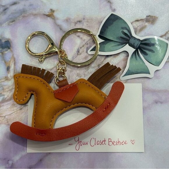 Other - Viral Tan & brown leather horse keychain bag charm NEW with bow sticker